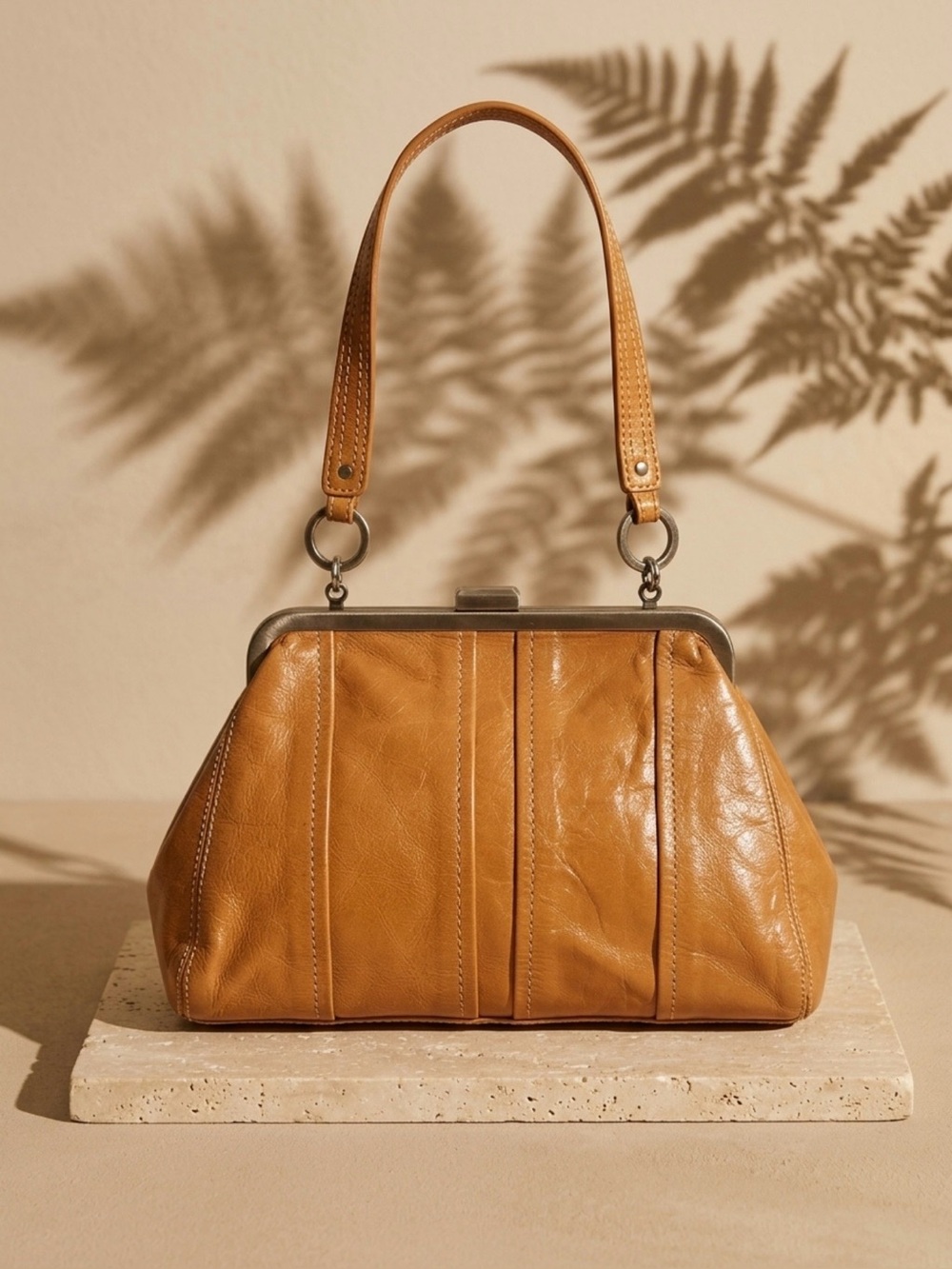 Kenneth Cole Caramel Tan Leather Frame-Top Shoulder Bag